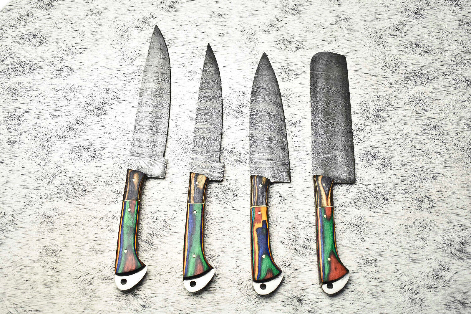Stunning Custom Lot Of 4 Handmade Damascus Steel Blade Chef Set Knife