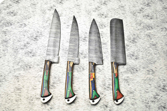 Stunning Custom Lot Of 4 Handmade Damascus Steel Blade Chef Set Knife
