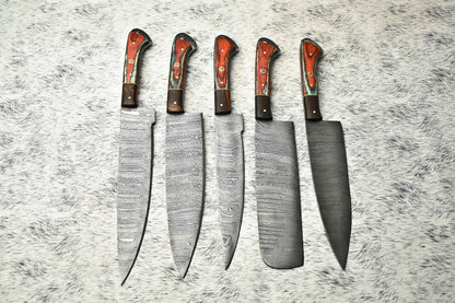 Stunning Custom Lot of 5 Handmade Hammered Damascus Steel Blade Chef Set Knives