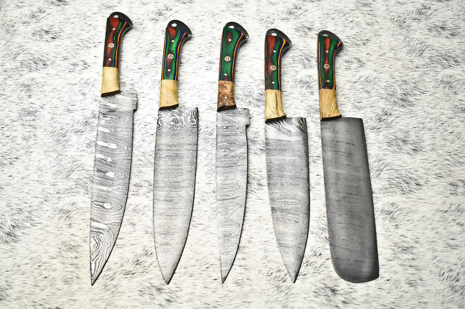 Stunning Custom Lot of 5 Handmade Hammered Damascus Steel Chef Knives