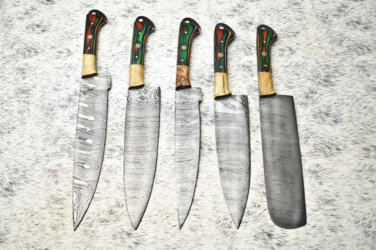 Stunning Custom Lot of 5 Handmade Hammered Damascus Steel Chef Knives