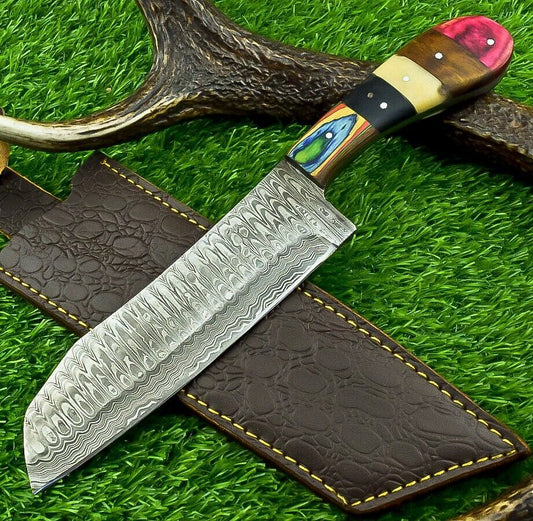 Stunning Handmade Damascus Steel Chef Knife | Custom Kitchen Knife with Camel Bone & Wood Handle