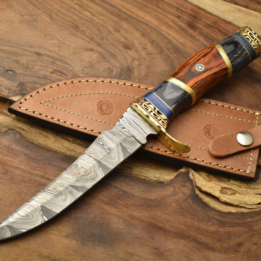 Tactical Damascus Steel Bowie Knife with Hardwood Handle and Brass Guard
