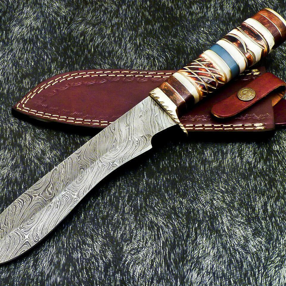 The Dune Sovereign: 13" Hand-Forged Damascus Bowie with Camel Bone Elegance

