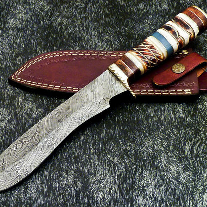 The Dune Sovereign: 13" Hand-Forged Damascus Bowie with Camel Bone Elegance

