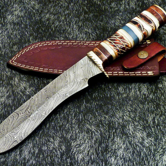 The Dune Sovereign: 13" Hand-Forged Damascus Bowie with Camel Bone Elegance

