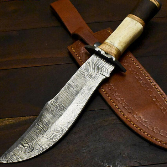 The Duneshadow: A One-of-a-Kind Damascus Trailing Point Hunter with Camel Bone Handle