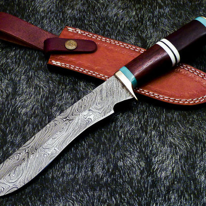 The Forest Warden: 12.75" Hand-Forged Damascus Hunting Knife with Natural Wood Grip