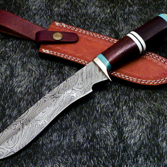 The Forest Warden: 12.75" Hand-Forged Damascus Hunting Knife with Natural Wood Grip
