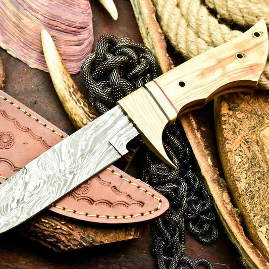 The Olive Grove Sentinel: 13" Artisan Damascus Bowie with Olive Wood Handle