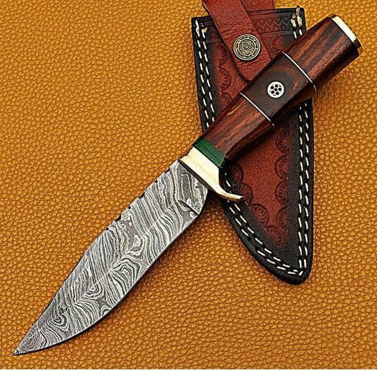 The Rosewood Huntsman: 10" Hand-Forged Damascus Bowie with Brass Guard