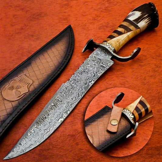 Titan 15 Inch Damascus Hunting Bowie Knife | Stag & Wood Handle