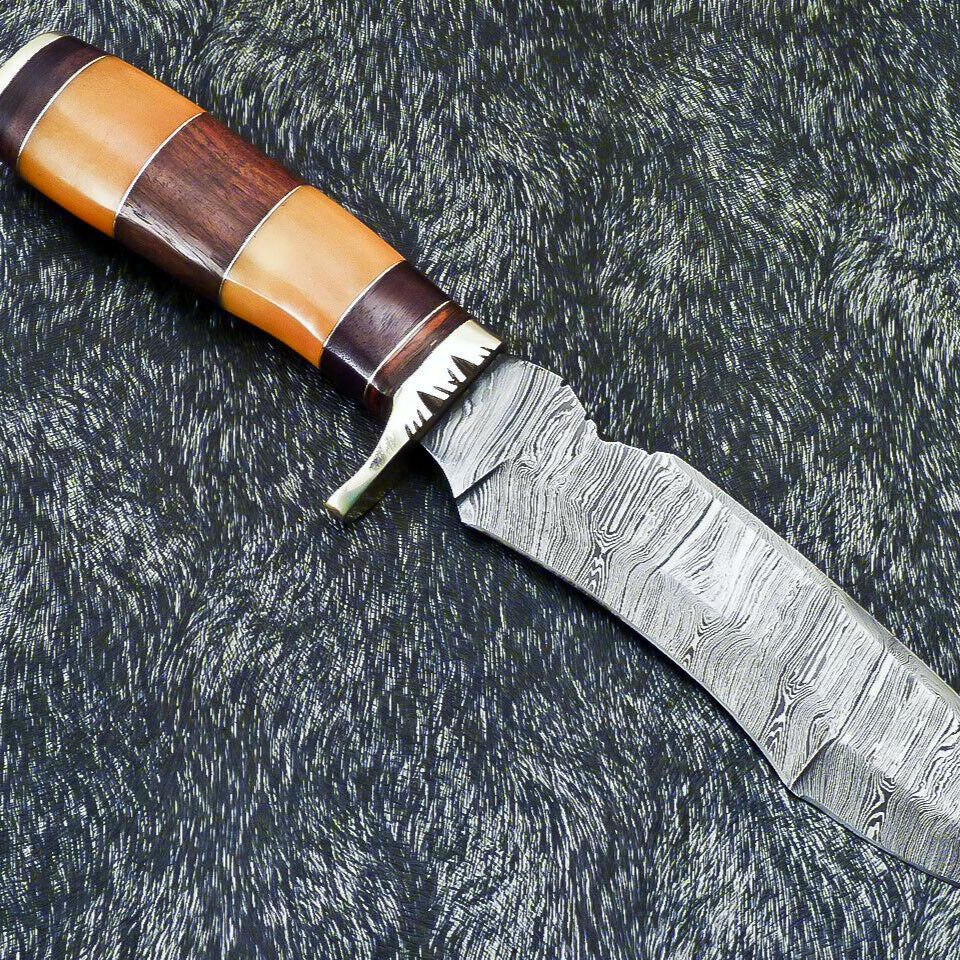 Titan Fang 13 Inch Damascus Bowie Knife | Stained Bone Handle with Leather Sheath