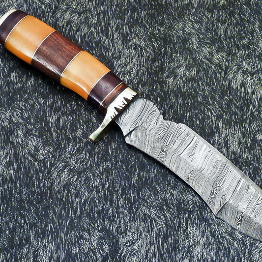 Titan Fang 13 Inch Damascus Bowie Knife | Stained Bone Handle with Leather Sheath