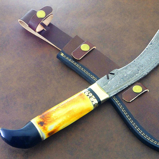 Titan Fang 16.5 Inch Damascus Bowie Knife | Dyed Camel Bone Handle & Leather Sheath