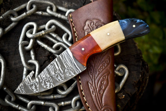Twist Damascus Bone Handle Skinner Knife with Gut Hook – Handmade Outdoor Fixed Blade with Sheath