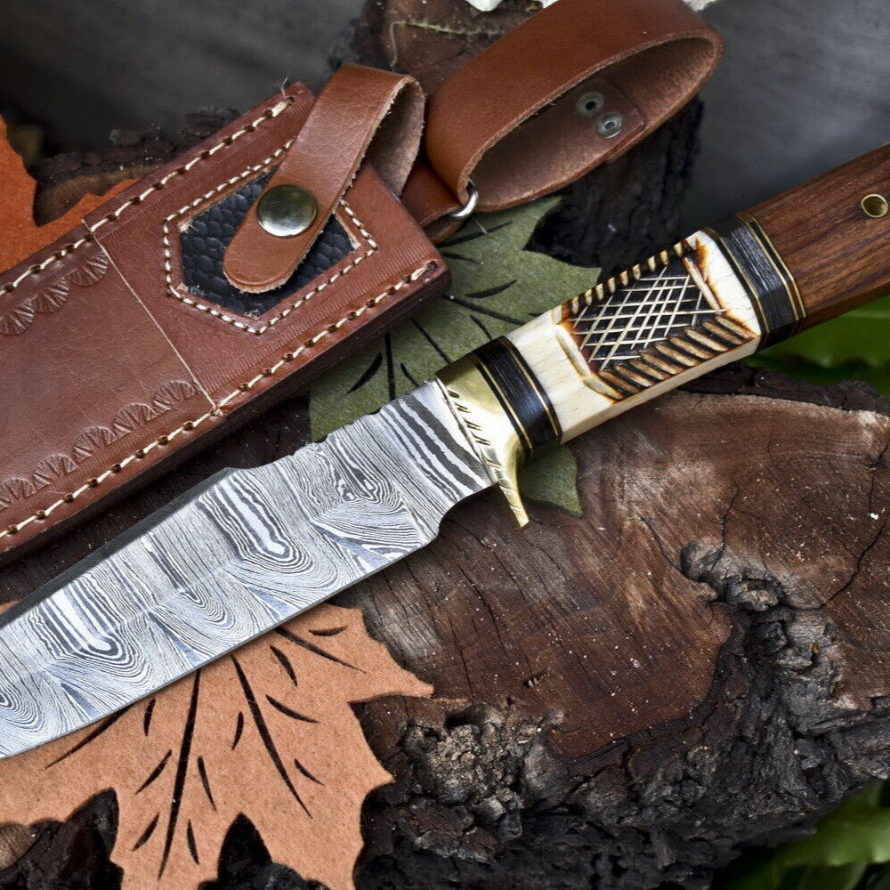 Twist Damascus Bowie Knife with Camel Bone and Wood Handle for Survival and Hunting