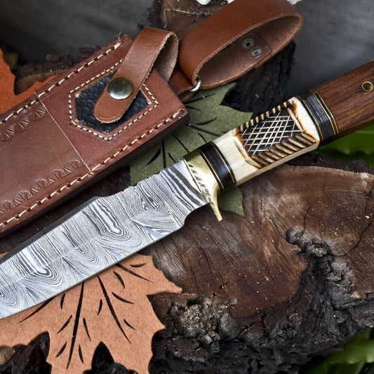 Twist Damascus Bowie Knife with Camel Bone and Wood Handle for Survival and Hunting