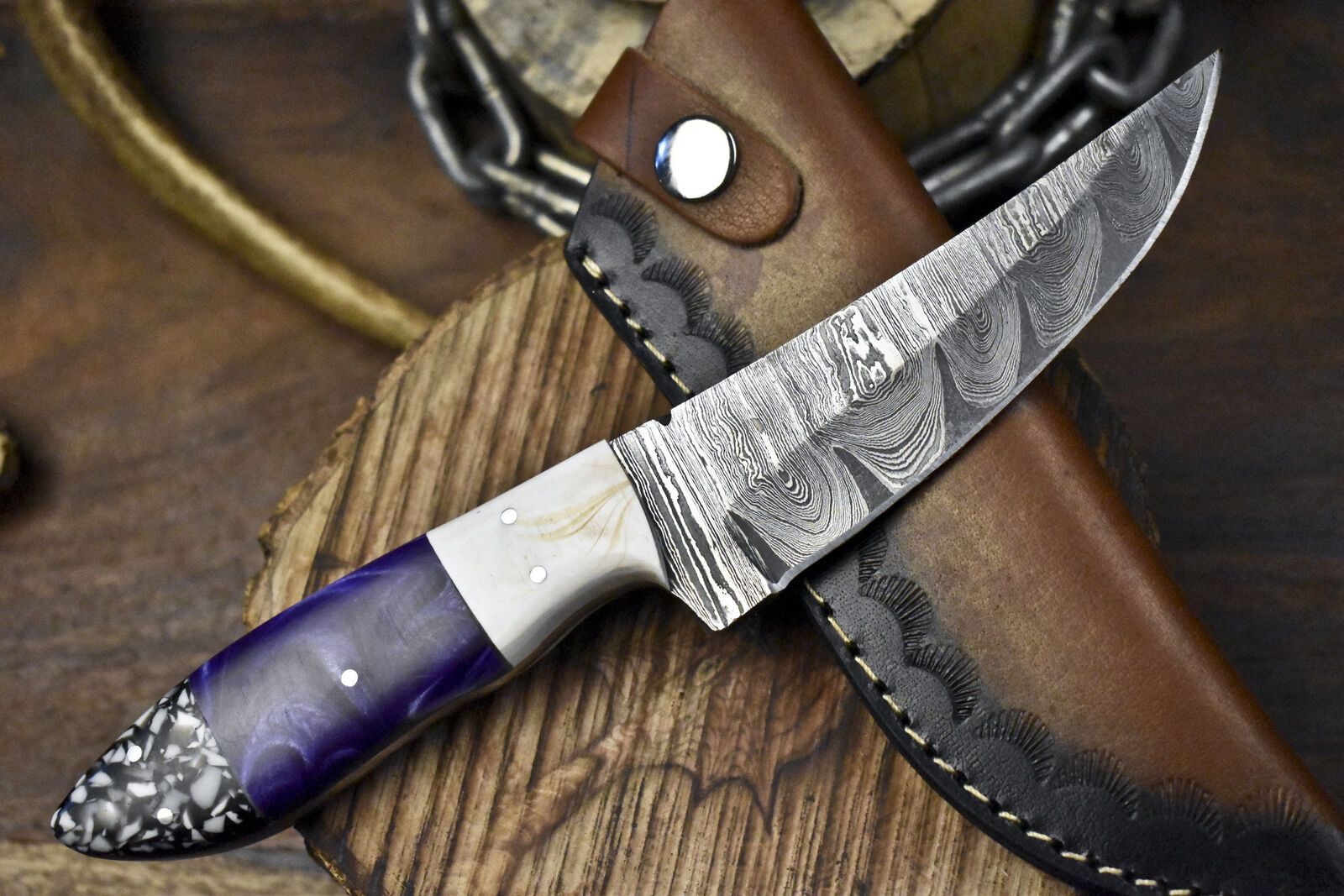 Twist Damascus Corian Handle Skinner Knife – Hand Forged Hunting Gift Knife