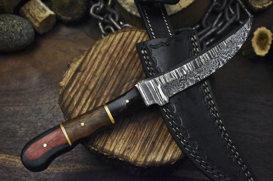 Twist Damascus Custom Skinner Knife with Hard Wood Handle | Hand Forged Hunting Knife