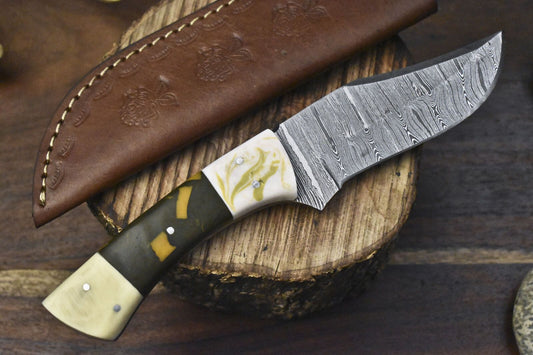 
Twist Damascus Forged Skinner Knife Corain Handle with Micarta Bolster for Hunting