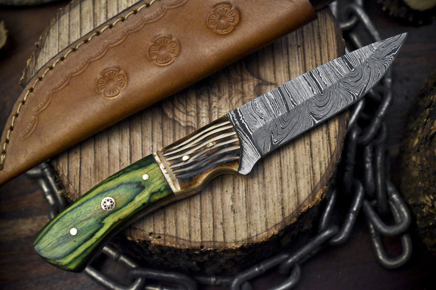 Twist Damascus Forged Skinner Knife Hardwood Handle 8.0" Razor Sharp Camping Tool