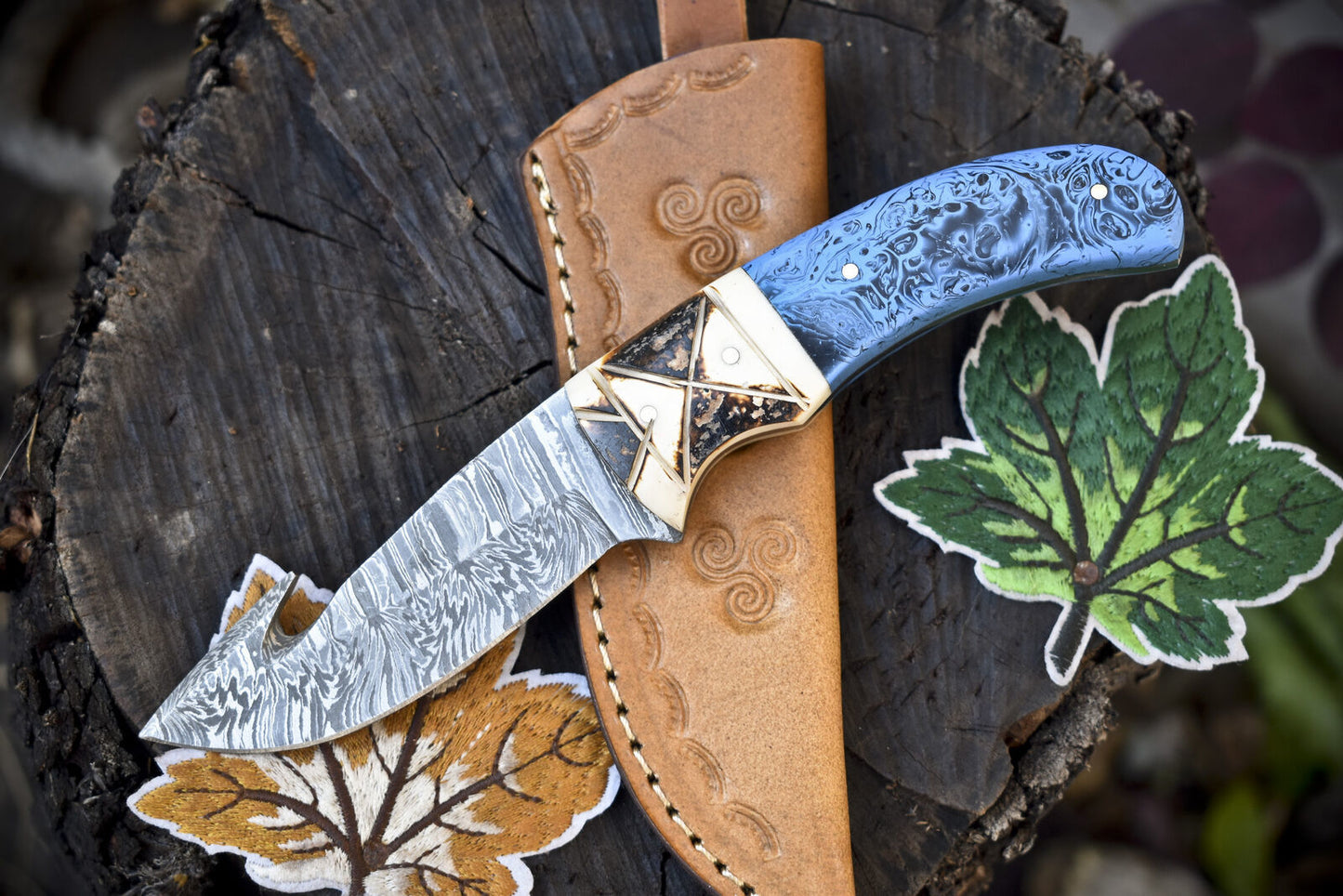 Twist Damascus Gut Hook Skinner Knife with Corian Handle for Hunting and Field Dressing