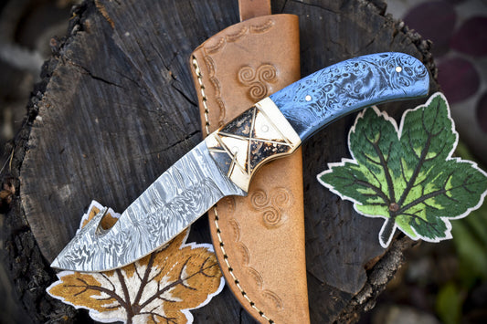 Twist Damascus Gut Hook Skinner Knife with Corian Handle for Hunting and Field Dressing