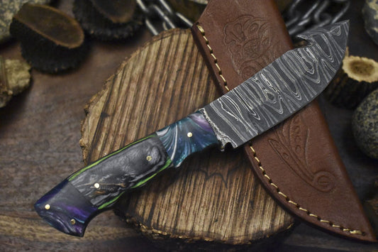 Twist Damascus Gut Hook Skinner Knife with Hardwood Handle – Handmade Hunting Gift Blade
