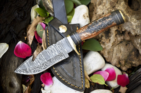 Twist Damascus Gut Hook Skinner Knife with Micarta Handle for EDC and Hunting