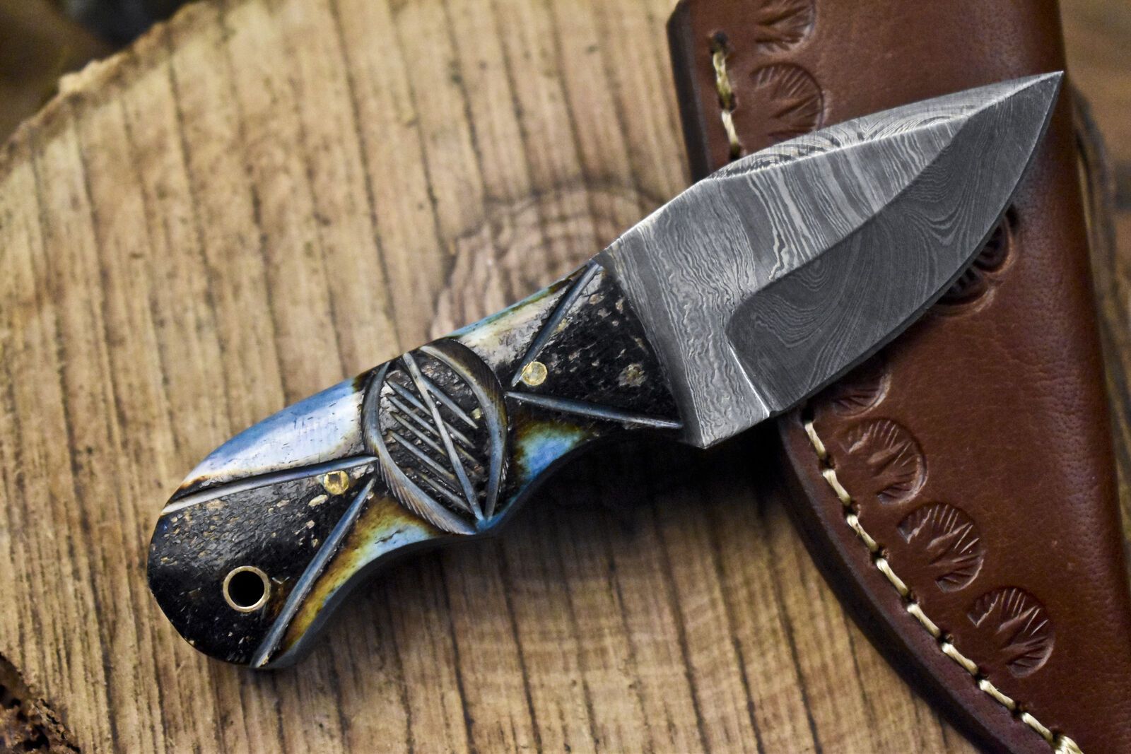  Twist Damascus Miniature Skinner Knife with Bone Handle | Hand Forged Tactical Knife