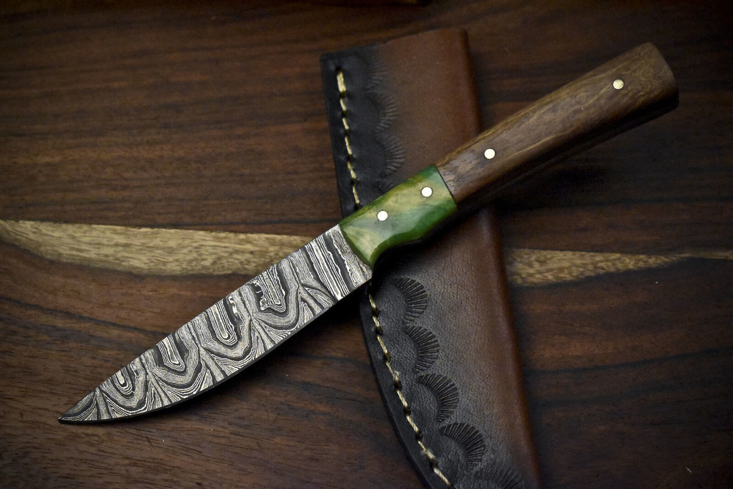 Twist Damascus Skinner Knife 7.5" Walnut Wood Handle Micarta Guard Camping Tool