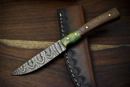 Twist Damascus Skinner Knife 7.5" Walnut Wood Handle Micarta Guard Camping Tool