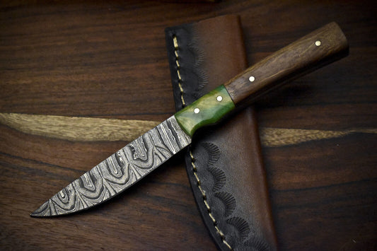Twist Damascus Skinner Knife 7.5" Walnut Wood Handle Micarta Guard Camping Tool