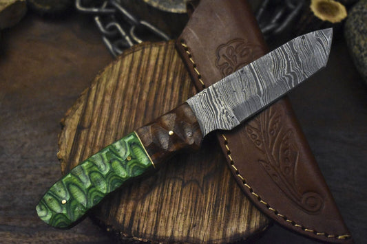 Twist Damascus Skinner Knife – 8.5" EDC with Hardwood Handle and Wooden Bolster