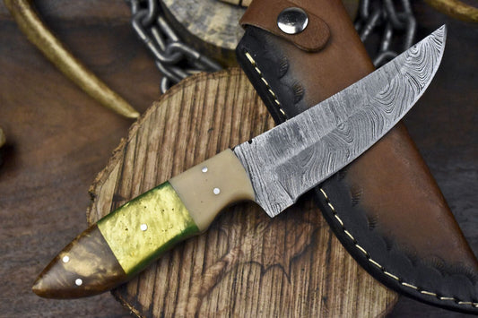 Twist Damascus Skinner Knife – 9" Bushcraft Blade with Corian Handle for Hunting & Sports