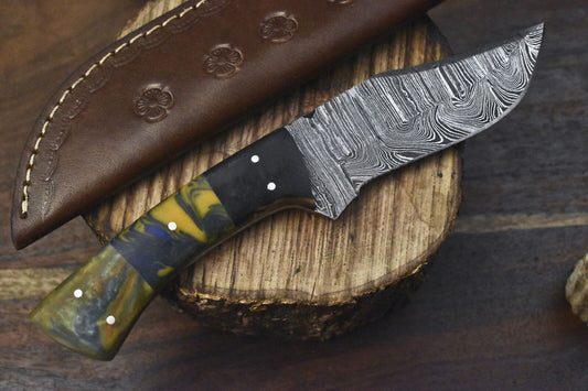 Twist Damascus Skinner Knife – 9" Corian Handle with Micarta Bolster for Fishing & Outdoor Use