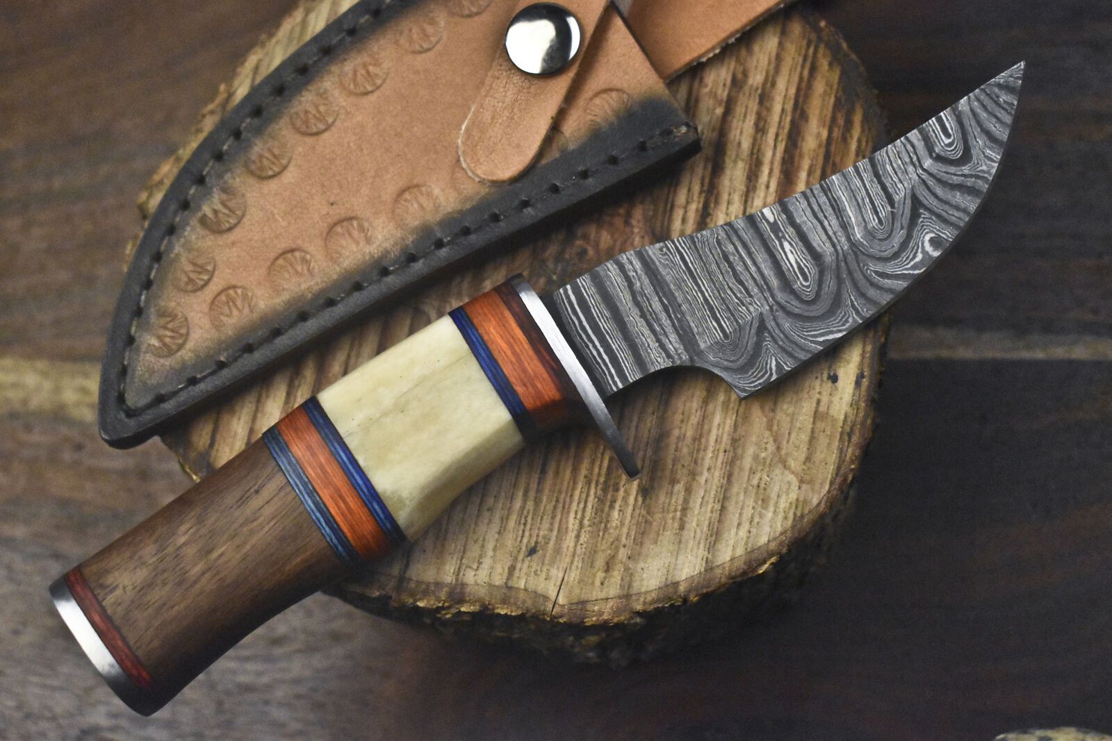 Twist Damascus Skinner Knife Bone and Wood Handle Custom Handmade Hunting Gift