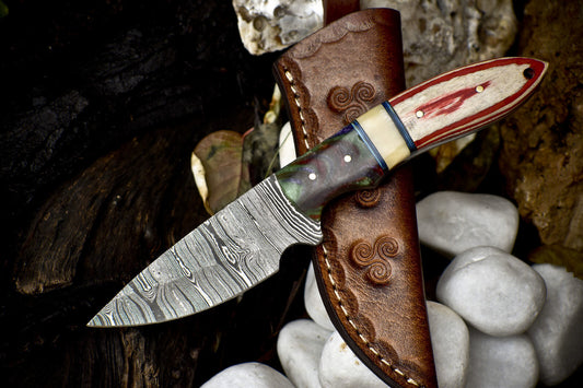 Twist Damascus Skinner Knife Bone and Wood Handle Micarta Bolster Sports Blade