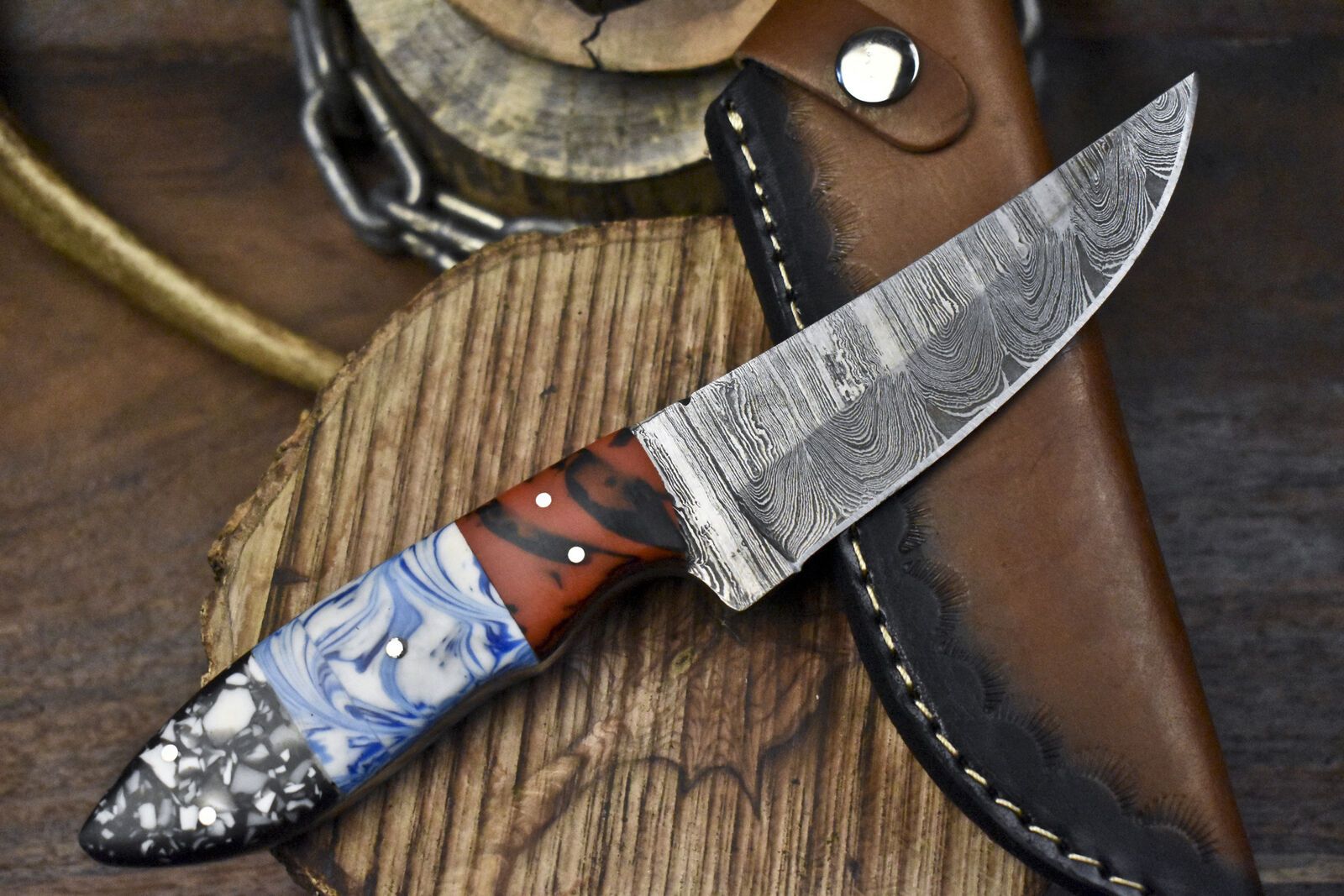 Twist Damascus Skinner Knife Corian Handle Micarta Bolster Camping Blade