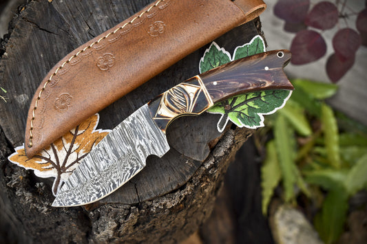 Twist Damascus Skinner Knife Corian Handle for Hunting with Leather Sheath