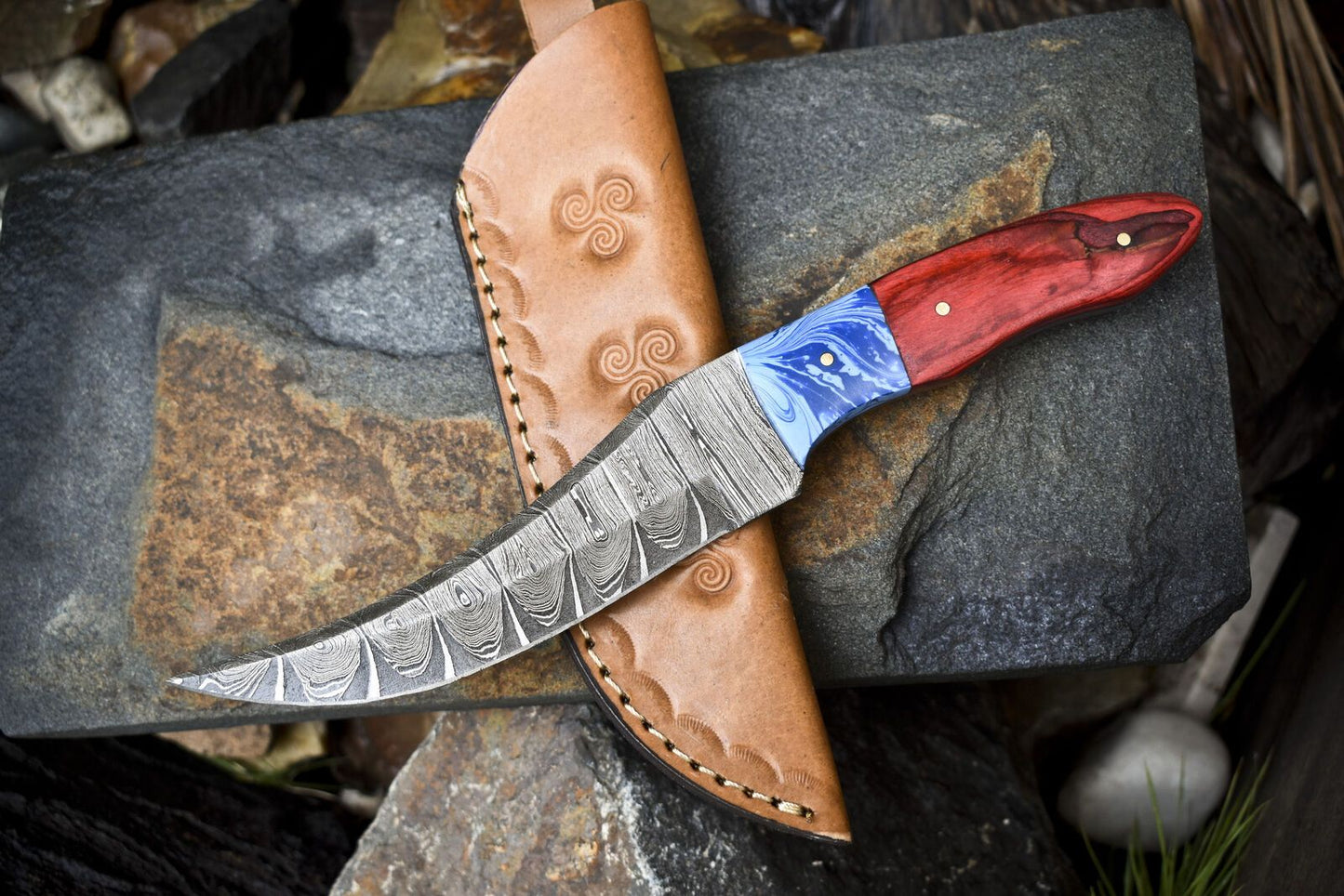 Twist Damascus Skinner Knife Hard Wood Micarta Bolster Hunting Tool