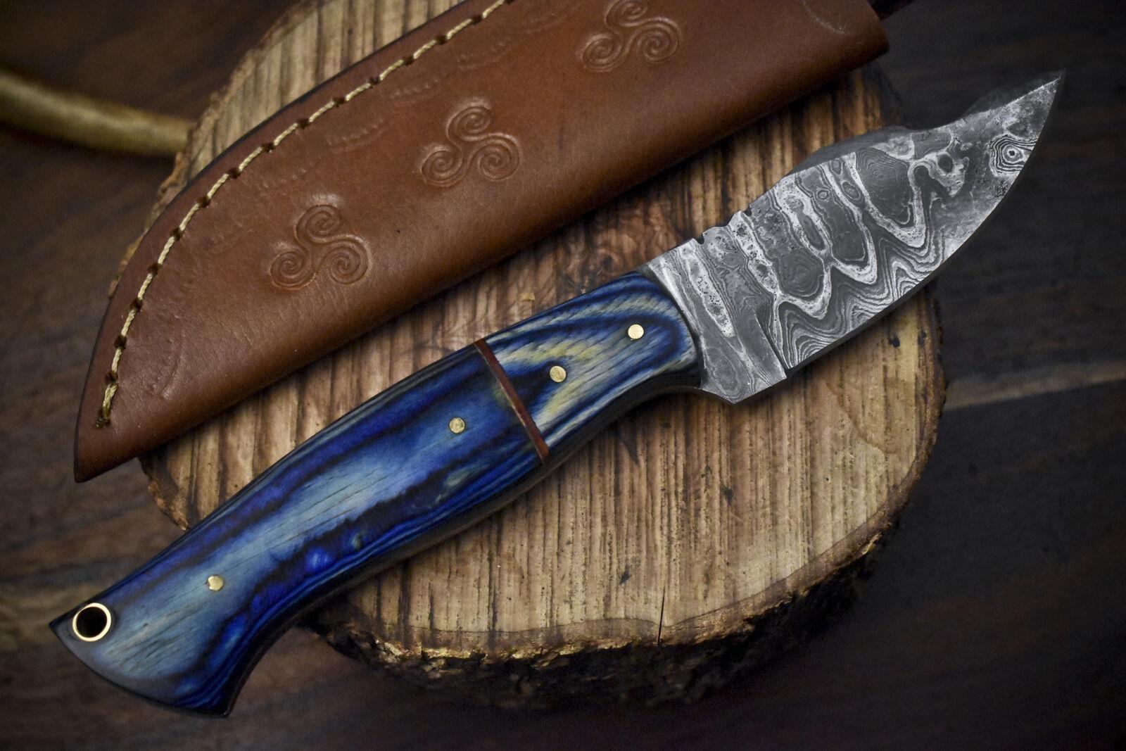 Twist Damascus Skinner Knife Hardwood Handle Wooden Bolster Fixed Blade Hunter