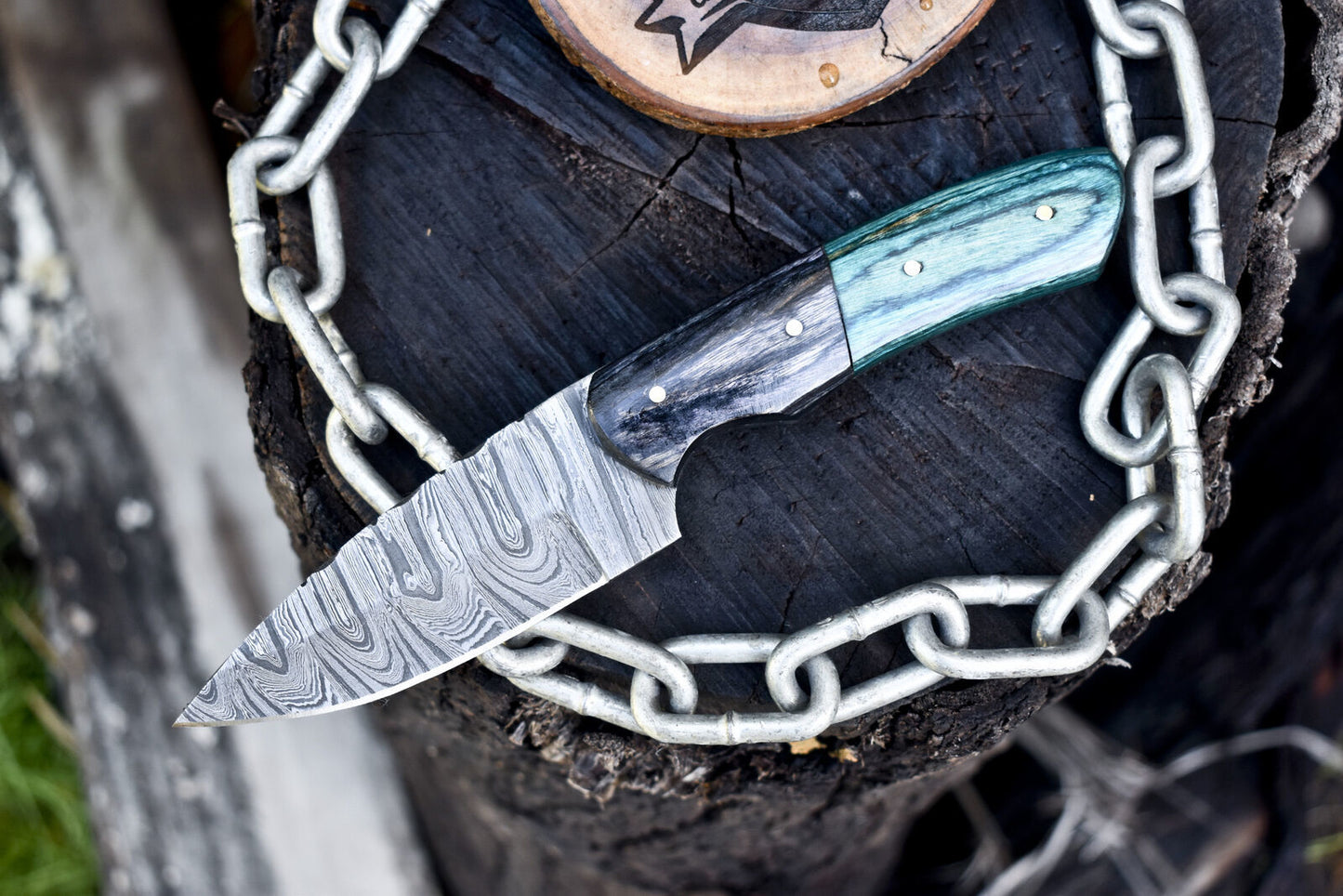 Twist Damascus Skinner Knife – Hardwood Handle with Wooden Bolster & Leather Sheath