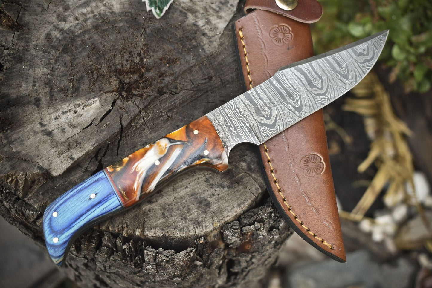  Twist Damascus Skinner Knife Mixed Handle Survival Hunting Tool