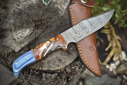  Twist Damascus Skinner Knife Mixed Handle Survival Hunting Tool