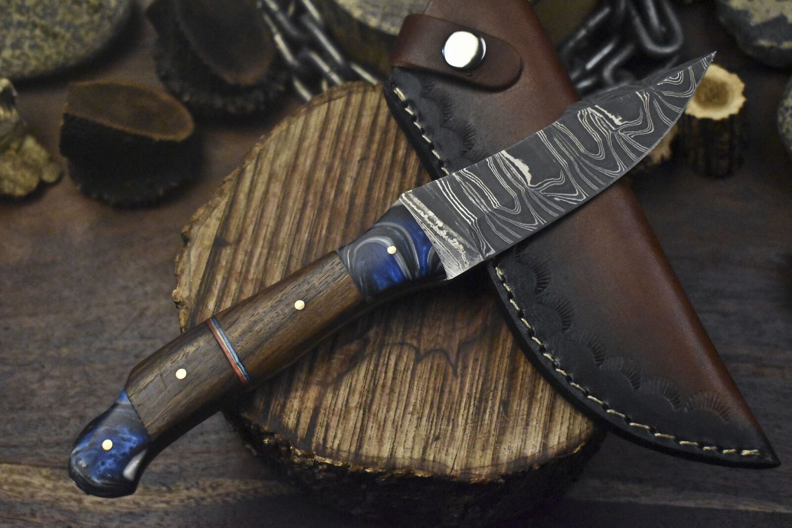 Twist Damascus Skinner Knife Walnut Wood Handle Micarta Bolster Custom Hunting Blade