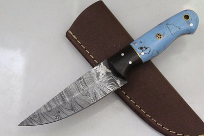 Twist Damascus Skinner Knife with Acrylic Handle and Mosaic Pins Hunting Blade