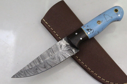 Twist Damascus Skinner Knife with Acrylic Handle and Mosaic Pins Hunting Blade