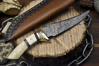 Twist Damascus Skinner Knife with Bone Handle and Brass Guard – Handmade Collectible Outdoor Blade with Leather Sheath